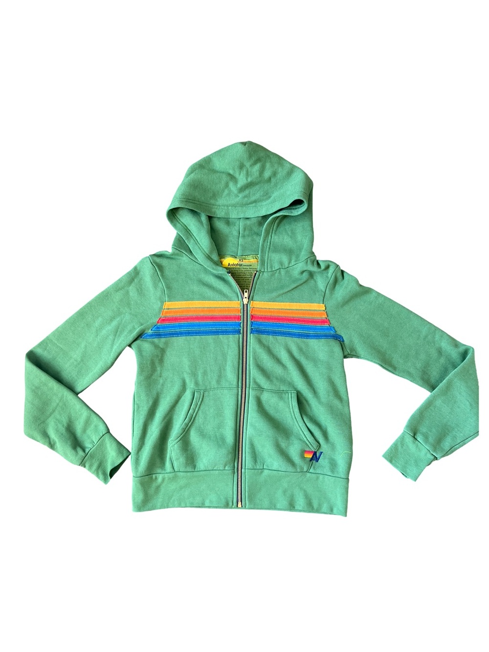 Aviator Nation Mint Green Hooded Zip-Up with Rainbow Chest Stripes